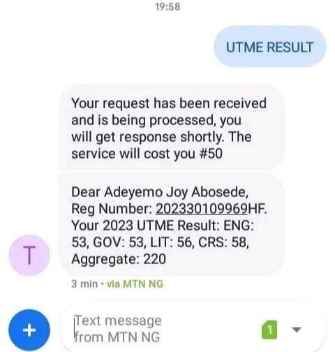 JAMB Result Via SMS
