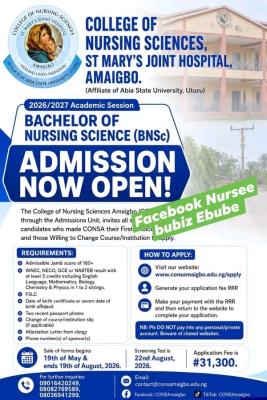St. Mary Joint Hospital College of Nursing Sciences Amaigbo BNSc Nursing Admission